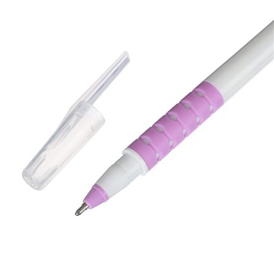 Ручка шариковая 1.0 мм, стержень синий, белый корпус с прозрачными колпачками, с резиновыми держателями, МИКС