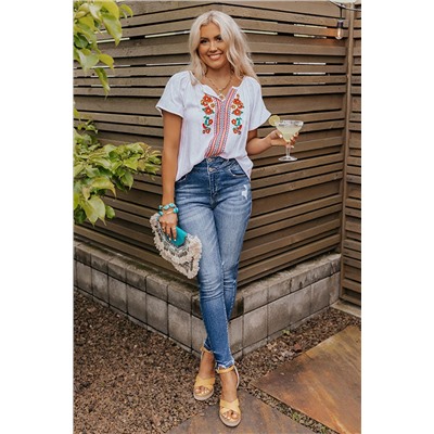 Short Sleeve V Neck Floral Embroidered Blouse