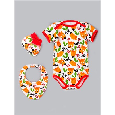 Комплект нательный для малышей, лисички, боди + нагрудник + царапки, оранжевый