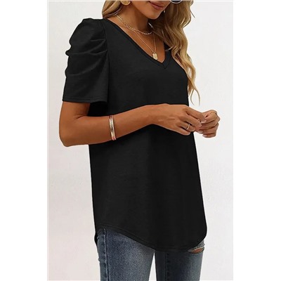 Black Puff Sleeve V-Neck T-Shirt
