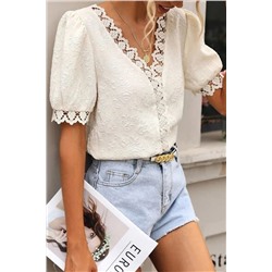 White Lace Jacquard Short Sleeve V Neck Casual Shirt