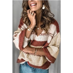 Коричневый полосатый вязаный пуловер-свитер с пышными рукавами и V-образным вырезом