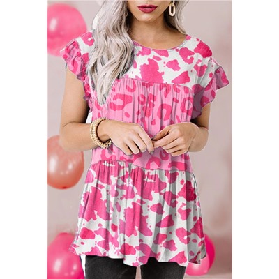 Pink Leopard Cow Spots Tiered Ruffle Blouse