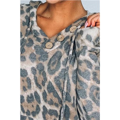 Леопардовое худи с карманом-кенгуру и декоративными пуговицами