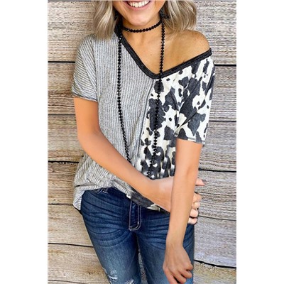 Gray Stripes & Cow Print Contrast V Neck Tee