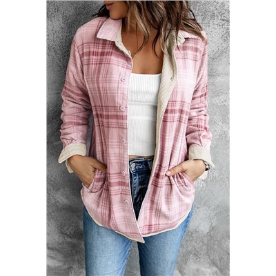 Beige Plaid Print Buttoned Corduroy Double-sided Jacket