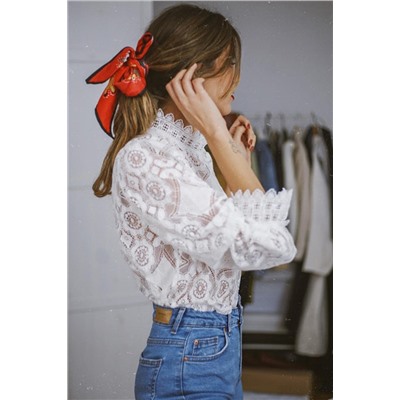 White Lace Crochet See-through Scalloped High Neck Top