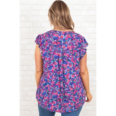 Purple Plus Size Floral Print Ruffle Sleeve Blouse