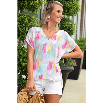 Multicolor Abstract Print V Neck Dolman Blouse