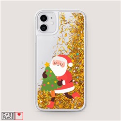 Жидкий чехол с блестками Дед Мороз с елочкой на iPhone 11