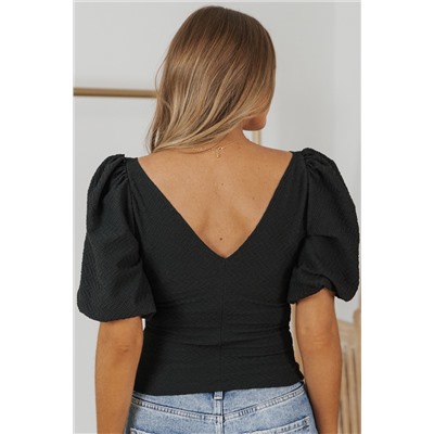 Black V Neck Ruched Front Puffy Sleeve Blouse