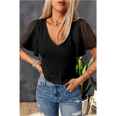 Black Sheer Ruffle Sleeve V Neck Ribbed Top