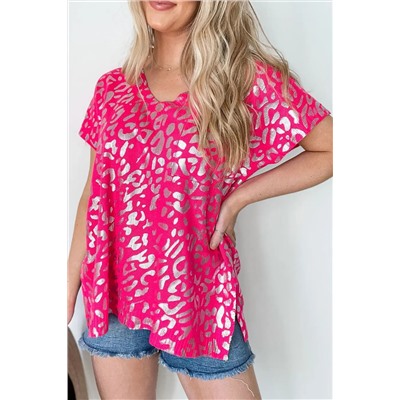 Rose V Neck Gold Leopard Short Sleeves Top