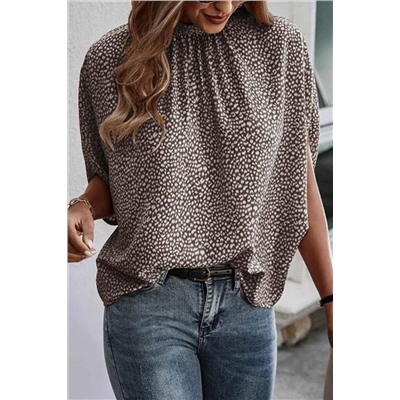 Leopard Dotty Print Knotted Dolman Sleeve Mock Neck Blouse