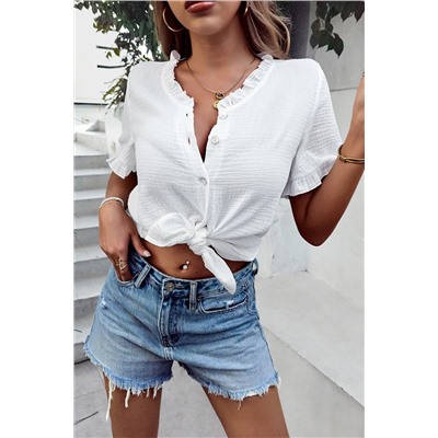 White Frill Trim Crinkle Button Up Shirt