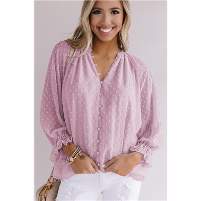 Розовая свободная блуза в горошек с V-образным вырезом и пышными рукавами