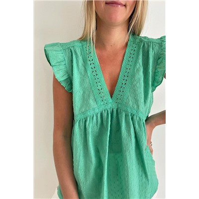 Green Eyelet V Neckline Ruffle Swiss Dot Top