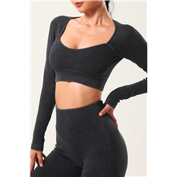 Black Ribbed Square Neck Long Sleeve Cropped Yoga Top