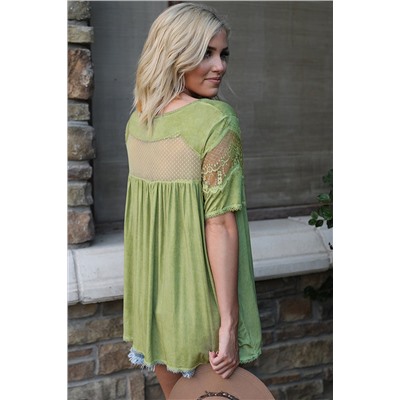 Green Mesh Lace Trim Short Sleeve Top