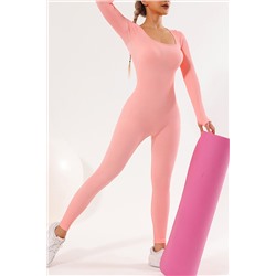 Pink Scoop Neck Long Sleeve Seamless Yoga Jumpsuit