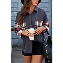 Red Plaid Patchwork Corduroy Buttoned Shirt Jacket