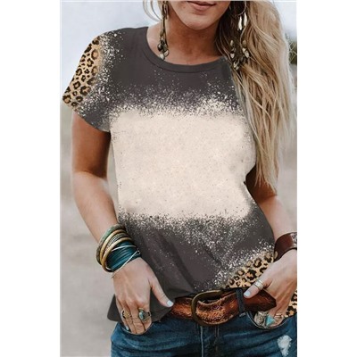 Gray Bleached Blank Leopard Tie-dye Print T Shirt