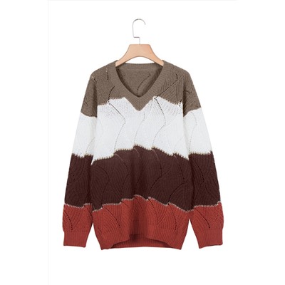 Коричневый вязаный свитер с цветными блоками и V-образным вырезом