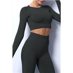 Black Solid Color Long Sleeve Yoga Crop Top