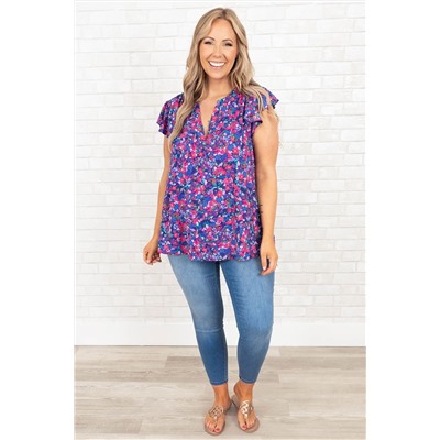 Purple Plus Size Floral Print Ruffle Sleeve Blouse