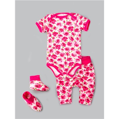 Комплект нательный для малышей, розочки, боди + штаны + пинетки, розовый