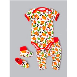 Комплект нательный для малышей, лисички, боди + пинетки + штаны, оранжевый