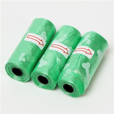 Пакеты для уборки за собаками с печатью (3 рулона по 15 пакетов 29х21 см), зелёные