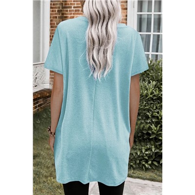 Light Blue Side Pockets Short Sleeve Tunic Top