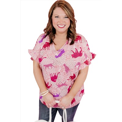 Pink Plus Size Jaguar Print Ruffled Short Sleeves Top