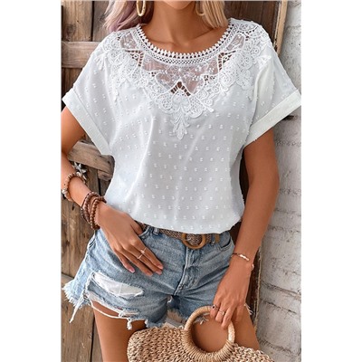 White Lace Swiss Dot Cuffed Sleeves Top