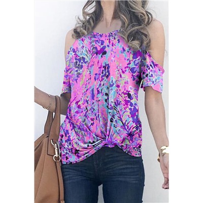 Multicolor Lavender Floral Print Cold Shoulder Blouse