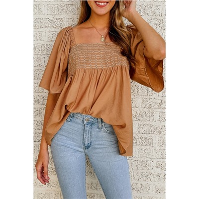 Brown Square Neck Wide Sleeves Flowy Top
