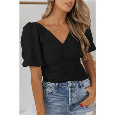 Black V Neck Ruched Front Puffy Sleeve Blouse