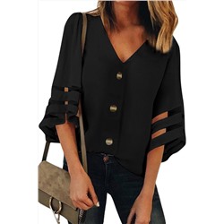Черная блуза с застежкой на пуговицы и прозрачными полосами на рукавах