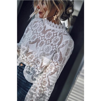 White Lace Crochet See-through Scalloped High Neck Top