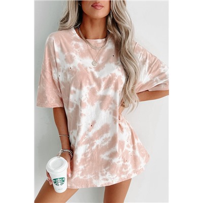 Pink Tie-dye Round Neck Short Sleeve Top