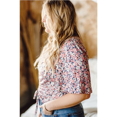 Multicolor Plus Size Floral Print Drawstring Ruched Crop Top