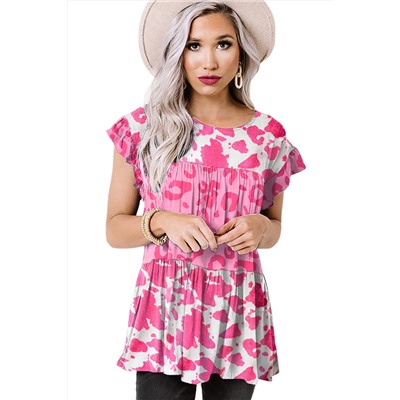 Pink Leopard Cow Spots Tiered Ruffle Blouse