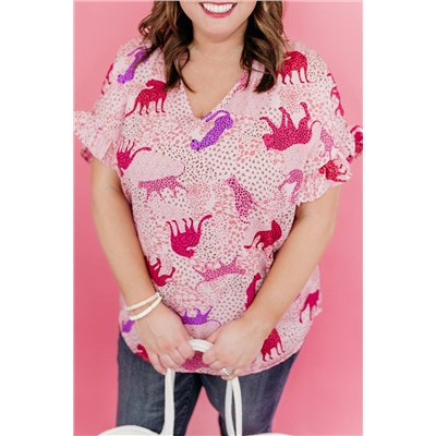 Pink Plus Size Jaguar Print Ruffled Short Sleeves Top