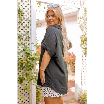 Black Plus Size Crinkle Textured Short Sleeve Shirt