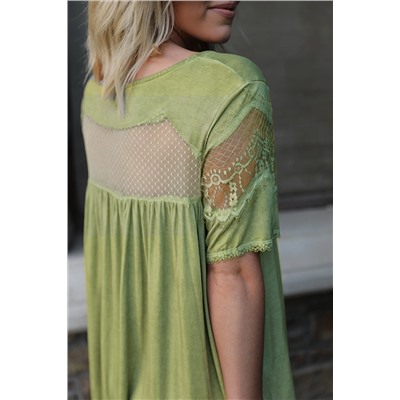 Green Mesh Lace Trim Short Sleeve Top