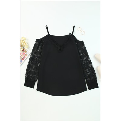 Black Lace Splicing Cold Shoulder Blouse