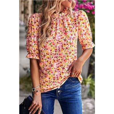 Orange Boho Floral Ruffle Short Sleeve Frill Mock Neck Blouse