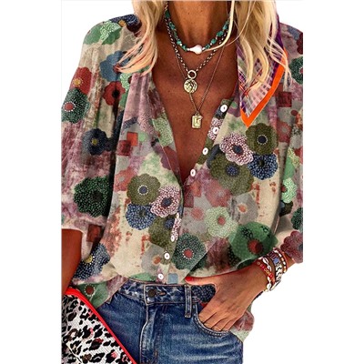 Floral V-Neck 3/4 Sleeve Button Down Shirt