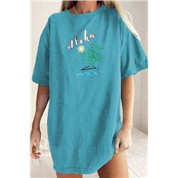 Голубая пляжная футболка оверсайз с надписью: Aloha